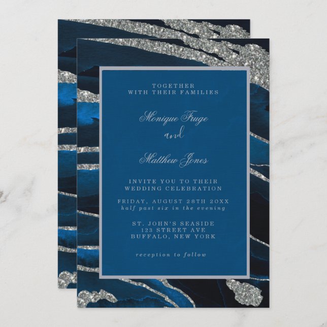 Navy Blue & Silver Glitter Agate Wedding Invitatio Invitation (Front/Back)