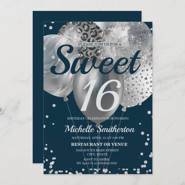 Navy Blue Silver Glitter Balloon Sweet 16 Birthday Card (Front/Back)