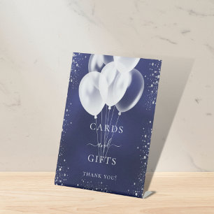 Navy blue silver glitter balloons cards gifts pedestal sign
