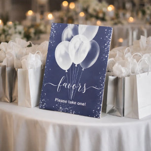 Navy blue silver glitter balloons favours guest pedestal sign