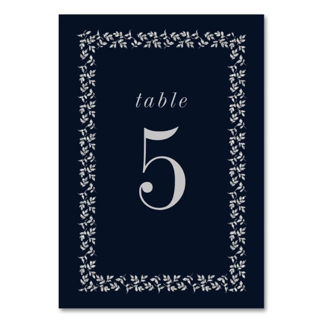 Navy Blue Silver Glitter Botanical Frame  Table Number (Front)