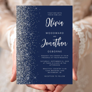 Navy Blue Silver Glitter Calligraphy Wedding Invitation