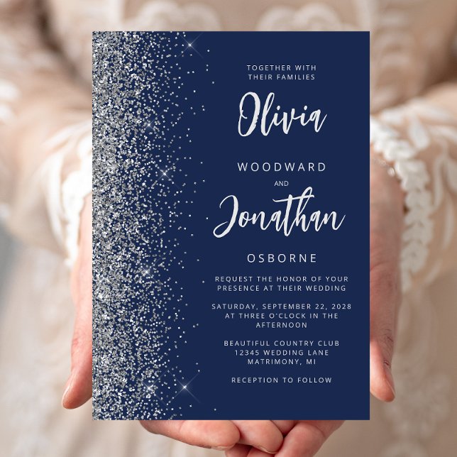 Navy Blue Silver Glitter Calligraphy Wedding Invitation (Creator Uploaded)