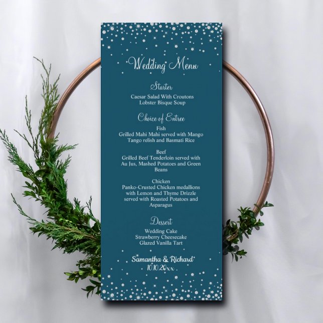 Navy Blue Silver Glitter Dots 4x9" Wedding Menu  (Creator Uploaded)