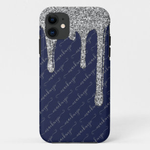 Navy Blue Silver Glitter Drips Handwritten Name Case-Mate iPhone Case