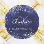 Navy blue silver glitter dust monogram name classic round sticker<br><div class="desc">A classic navy blue background,  the blue colour is uneven. Decorated with faux silver glitter dust. Personalise and add your first name,  monogram initials and full name.</div>