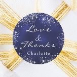 Navy blue silver glitter dust monogram thank you classic round sticker<br><div class="desc">A classic navy blue background,  the blue colour is uneven. Decorated with faux silver glitter dust. Personalise and add your first name. With the text: Love & Thanks.</div>