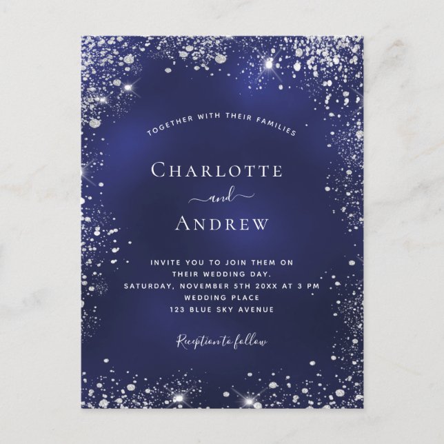 Navy blue silver glitter dust wedding invitation postcard (Front)