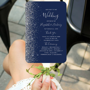 Navy Blue Silver Glitter Edge Wedding Program Hand Fan