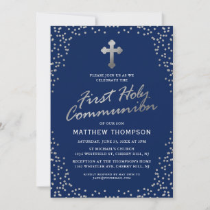Navy Blue Silver Glitter First Holy Communion Invitation