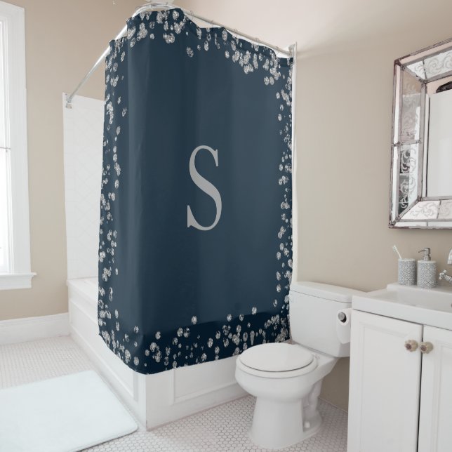 Navy Blue Silver Glitter Frame Monogram Initial Shower Curtain (In Situ)