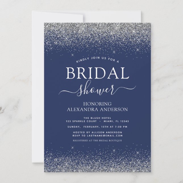 Navy Blue Silver Glitter Girly Bridal Shower Invitation (Front)