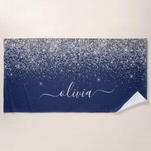 Navy Blue Silver Glitter Girly Monogram Name Beach Towel