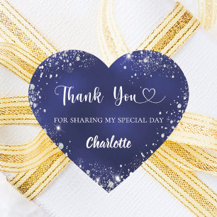 Navy blue silver glitter heart thank you birthday sticker