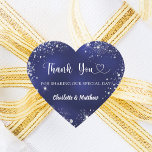 Navy blue silver glitter heart thank you wedding heart sticker<br><div class="desc">A classic navy blue background,  the blue colour is uneven. Decorated with faux silver glitter,  sparkles and a heart. Personalise and add your names. With the text: Thank you for sharing our special day.</div>