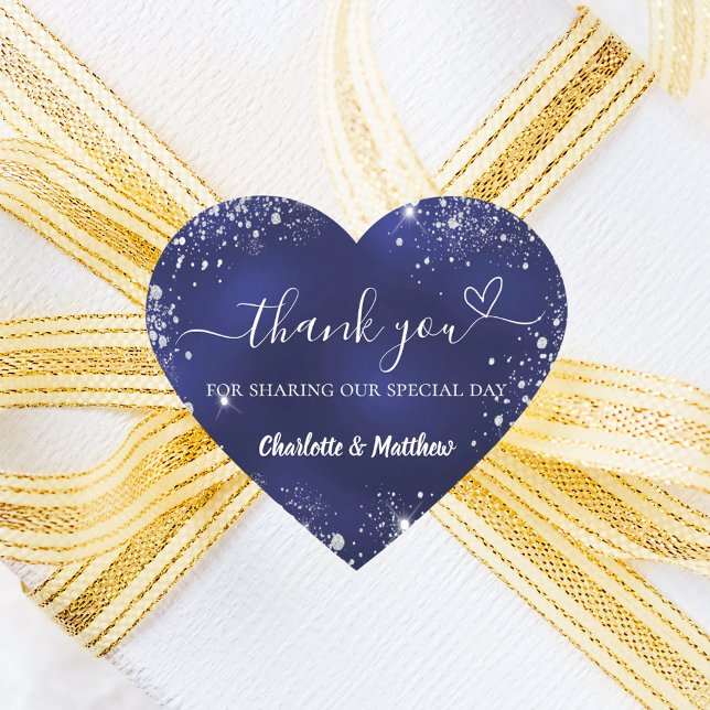 Navy blue silver glitter heart thank you wedding sticker (Creator Uploaded)