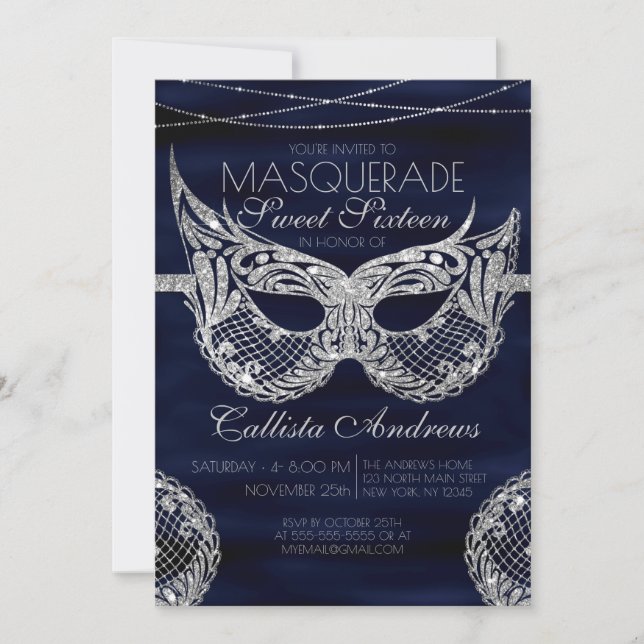 Navy Blue Silver Glitter Lace Masquerade Sweet 16 Invitation (Front)