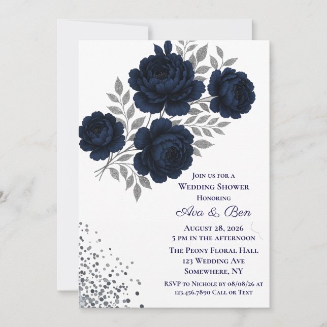 Navy Blue & Silver Glitter Leaves Wedding Shower Invitation (Front)