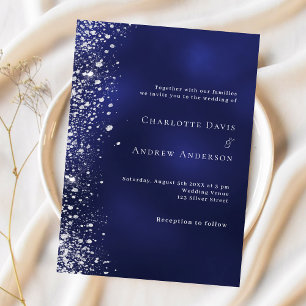 Navy blue silver glitter luxury wedding  invitation