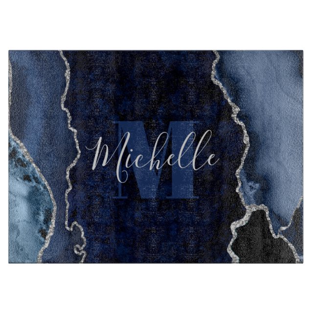Navy Blue & Silver Glitter Marble Agate Monogram Cutting Board (Front)