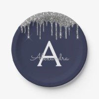 Navy Blue Silver Glitter Monogram Birthday