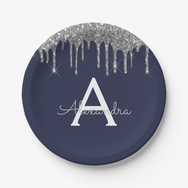 Navy Blue Silver Glitter Monogram Birthday Paper Plate (Front)