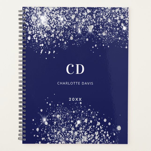 Navy blue silver glitter monogram name 2023 planner (Front)