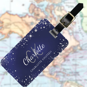 Navy blue silver glitter monogram name luggage tag