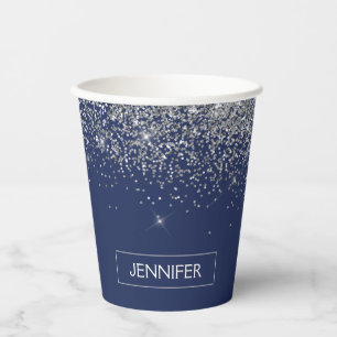Navy Blue Silver Glitter Monogram Paper Cups