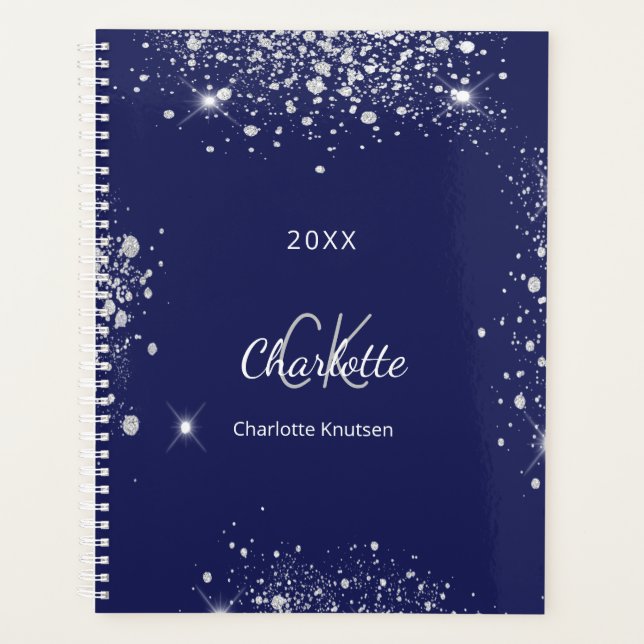 Navy blue silver glitter monogram script planner (Front)
