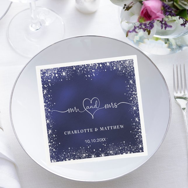 Navy blue silver glitter mr mrs heart wedding napkin (Creator Uploaded)