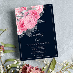 Navy blue silver glitter pink floral wedding invitation