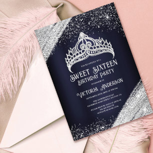 Navy Blue Silver Glitter Princess Tiara Sweet 16 I Invitation