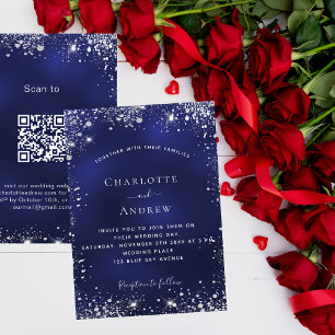 Navy blue silver glitter QR code RSVP wedding Invitation