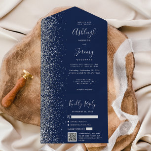 Navy Blue Silver Glitter QR Code Wedding All In One Invitation