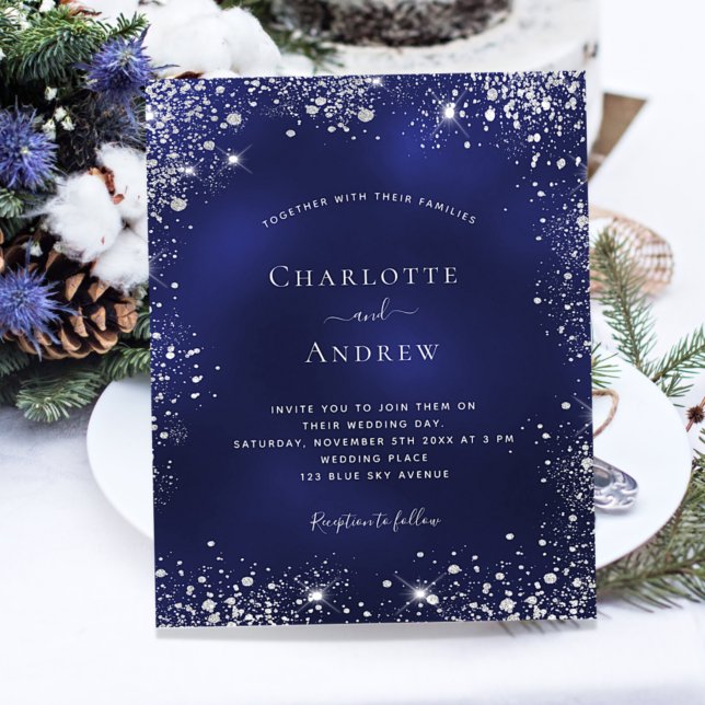 Navy blue silver glitter QR wedding invitation (Creator Uploaded)