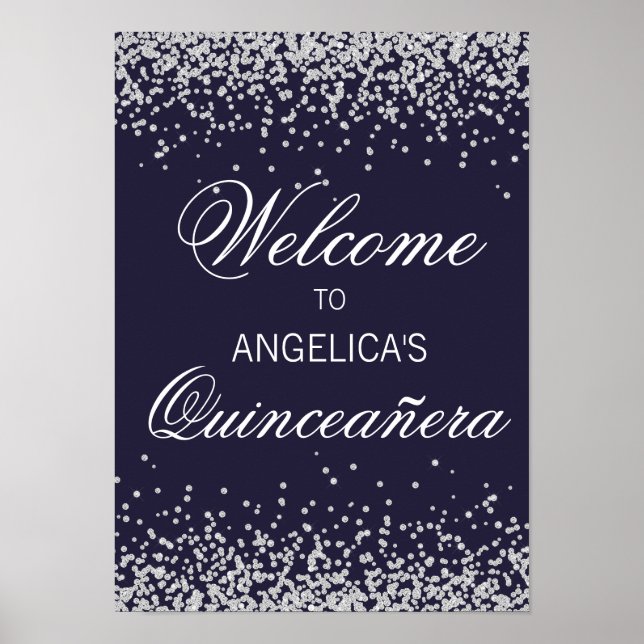 Navy Blue Silver Glitter Quinceañera Welcome Poster (Front)