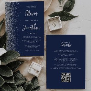 Navy Blue Silver Glitter Script QR Code Wedding Invitation