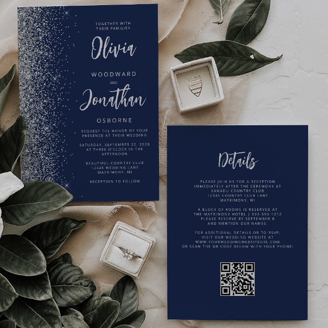 Navy Blue Silver Glitter Script QR Code Wedding Invitation (Creator Uploaded)