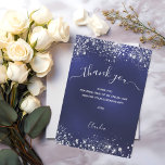 Navy blue silver glitter script thank you card<br><div class="desc">A navy blue background decorated with faux silver glitter,  sparkles. The blue colour is uneven. Large hand lettered script with swashes and the text: Thank You.  Personalise and add your thank you note and name.</div>