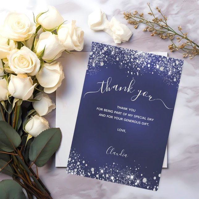 Navy blue silver glitter script thank you card (Creator Uploaded)