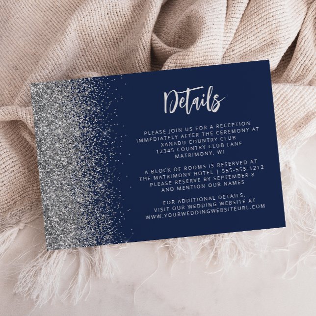 Navy Blue Silver Glitter Script Wedding Details Enclosure Card (Creator Uploaded)