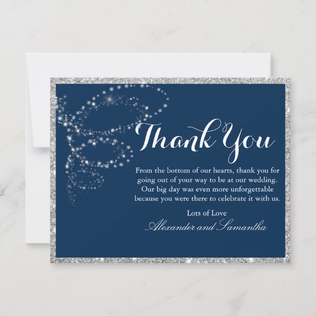 Navy Blue Silver Glitter Snowflake Thank You Card (Front)
