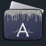 Navy Blue Silver Glitter Sparkle Monogram Laptop Sleeve<br><div class="desc">Navy Blue and Silver Faux Dripping Modern and Elegant Girly Glitter and Sparkle Elegant Monogram Case. This case can be customised to include your initial and first name.</div>