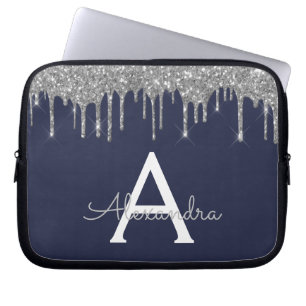 Navy Blue Silver Glitter Sparkle Monogram Laptop Sleeve