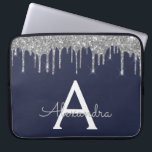 Navy Blue Silver Glitter Sparkle Monogram Laptop Sleeve<br><div class="desc">Navy Blue and Silver Faux Dripping Modern and Elegant Girly Glitter and Sparkle Elegant Monogram Case. This case can be customised to include your initial and first name.</div>