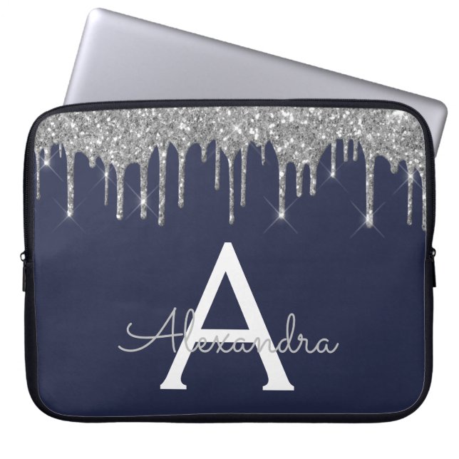 Navy Blue Silver Glitter Sparkle Monogram Laptop Sleeve (Front)
