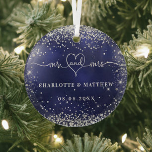 Navy blue silver glitter sparkles newly weds glass tree decoration