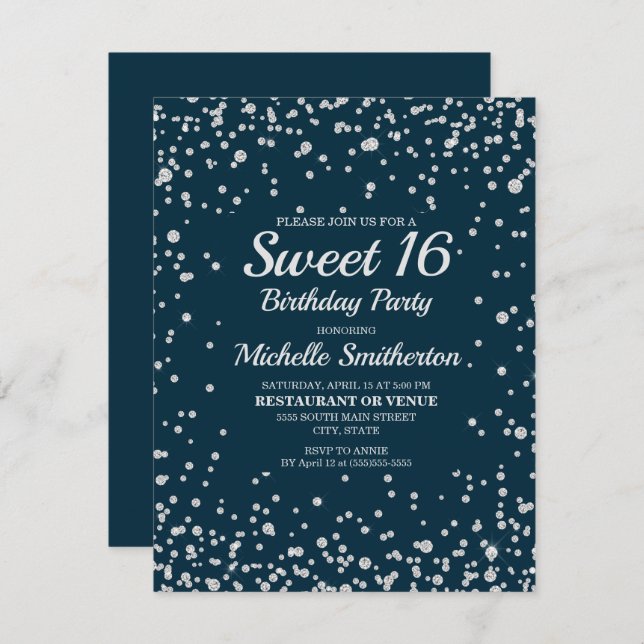 Navy Blue Silver Glitter Sweet 16 Birthday Card (Front/Back)