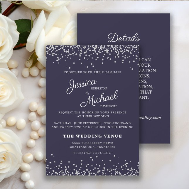 Navy Blue Silver Glitter Wedding and Details Invitation (Elegant navy blue and silver glitter 2-sided wedding invitation and details card.  )